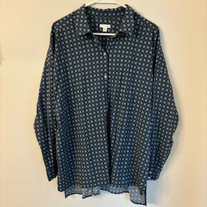 J. Jill Women 60’s 70’s inspired button down menswear geometric long sleeve Sz M